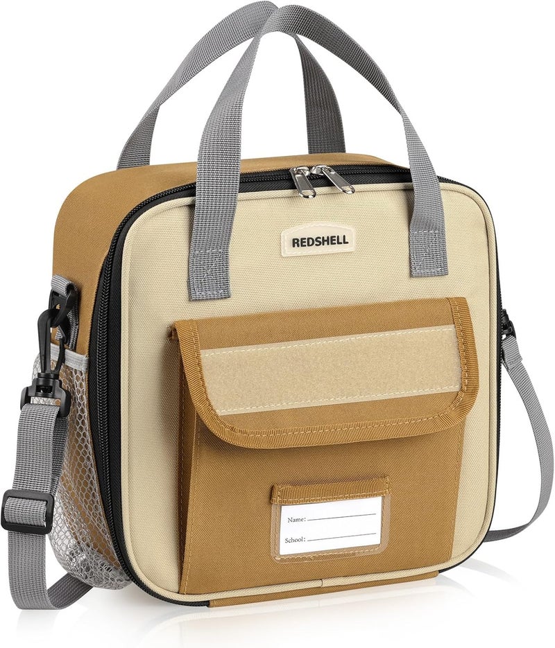 REDSHELL Tactical Lunch Box Kids, Large Insulated Lunch Bag for Boys Girls, Cooler Lunchbag, Square Toddler Lunchbox, School Daycare Lunch Tote Pail with Water Bottle Holder Shoulder Strap, Brown - Image 1